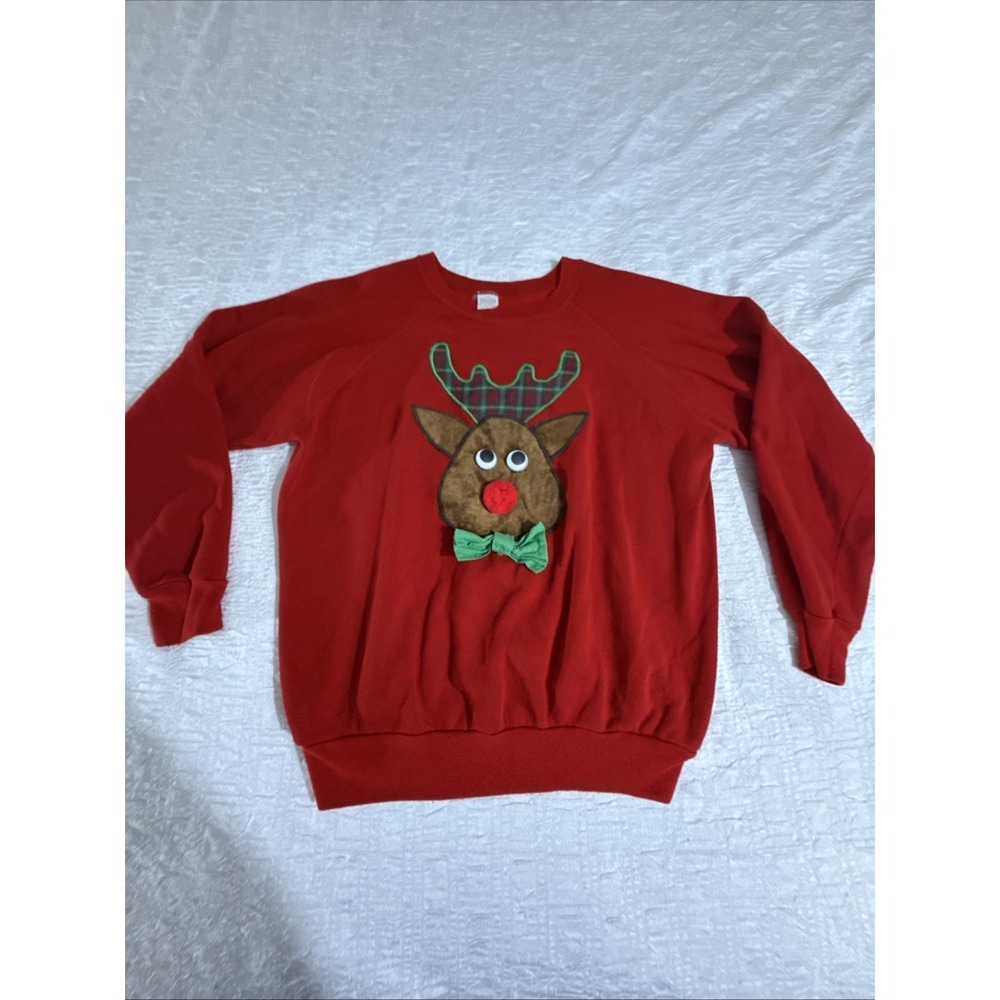 Vintage Womens large Christmas Rudolf sweater googly eyes ugly christmas sweater